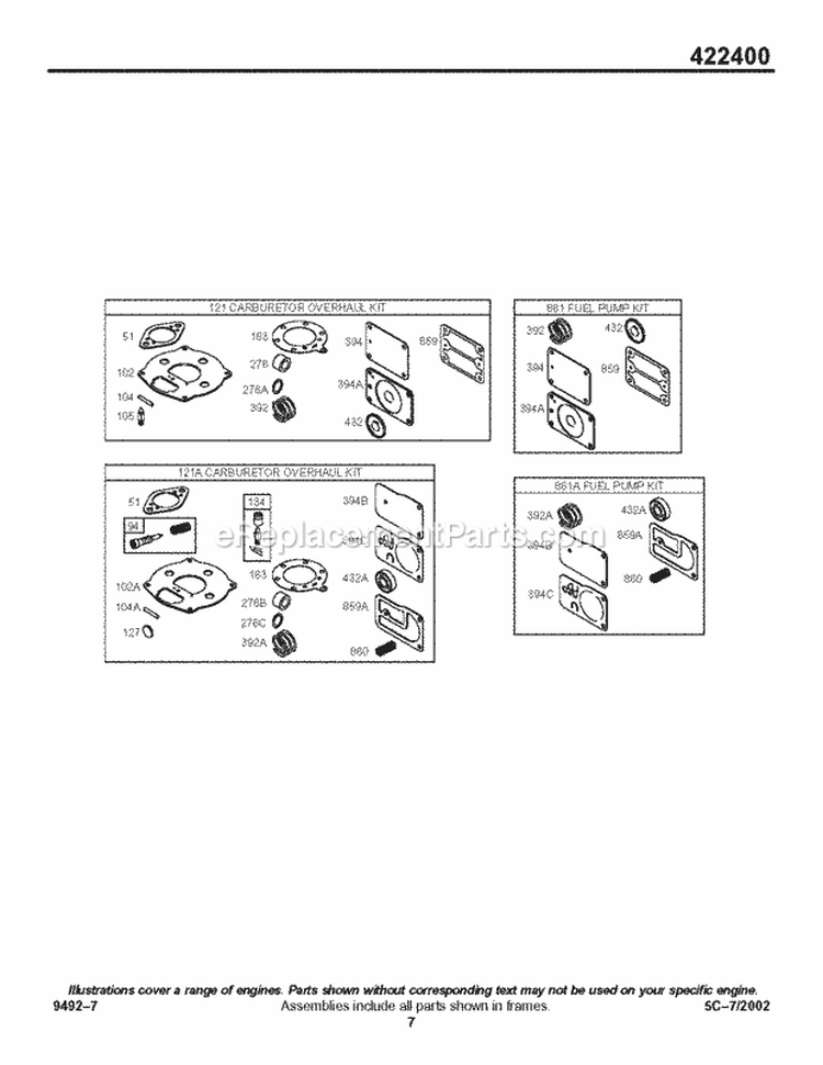 KitGasket Sets - Carburetor KitGasket Sets - Fuel Pump Diagram and Parts List for 422445-1290-01  Briggs and Stratton Engine
